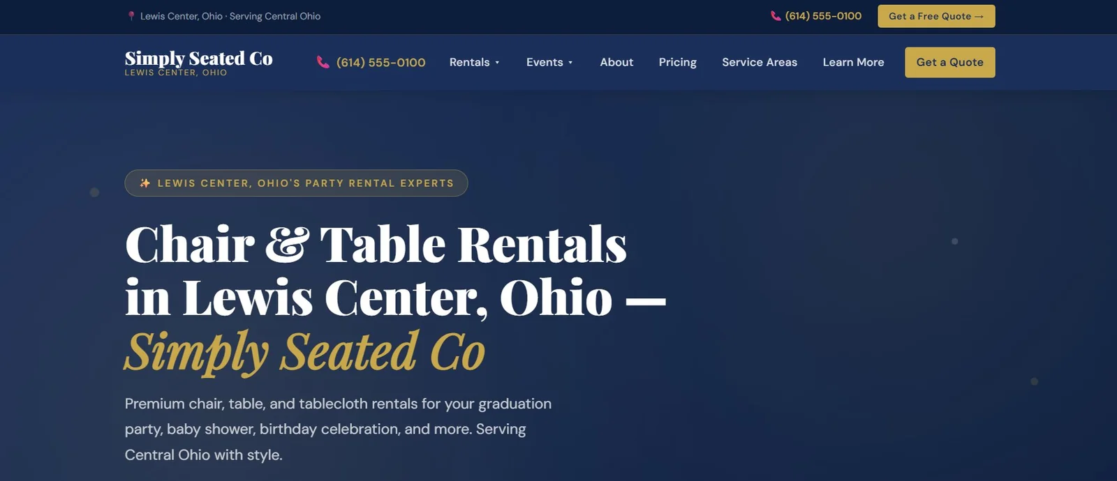 Simply Seated Co website — party and event rentals in Lewis Center, Ohio | Grow With Brady